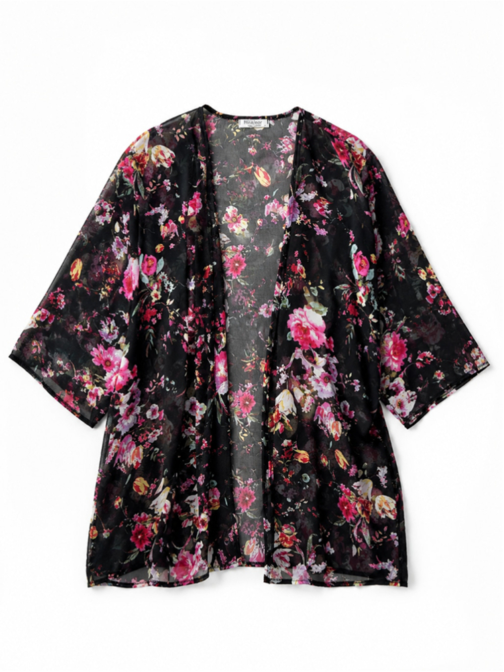 MEA/EOR Swim Coverup Black Floral Sheer Kimono, Sz S